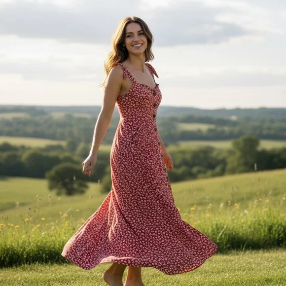 Joyous Red Floral Button Front Midi Dress – Smocked Back – Size M - Picture 2 of 8